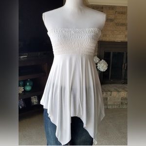 White Strapless Smocked Handkerchief Tunic Top from Greece